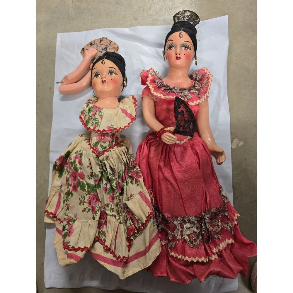 2 Vintage Old Composition Dolls Mexico 16" & 14" & Paper Streamer 12 ft